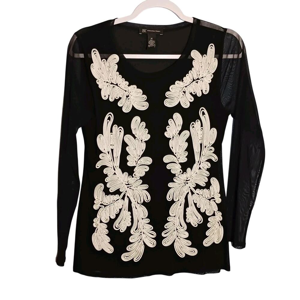 INC International Concepts Black Ivory Embroidered Long Sleeve Sheer Top Medium